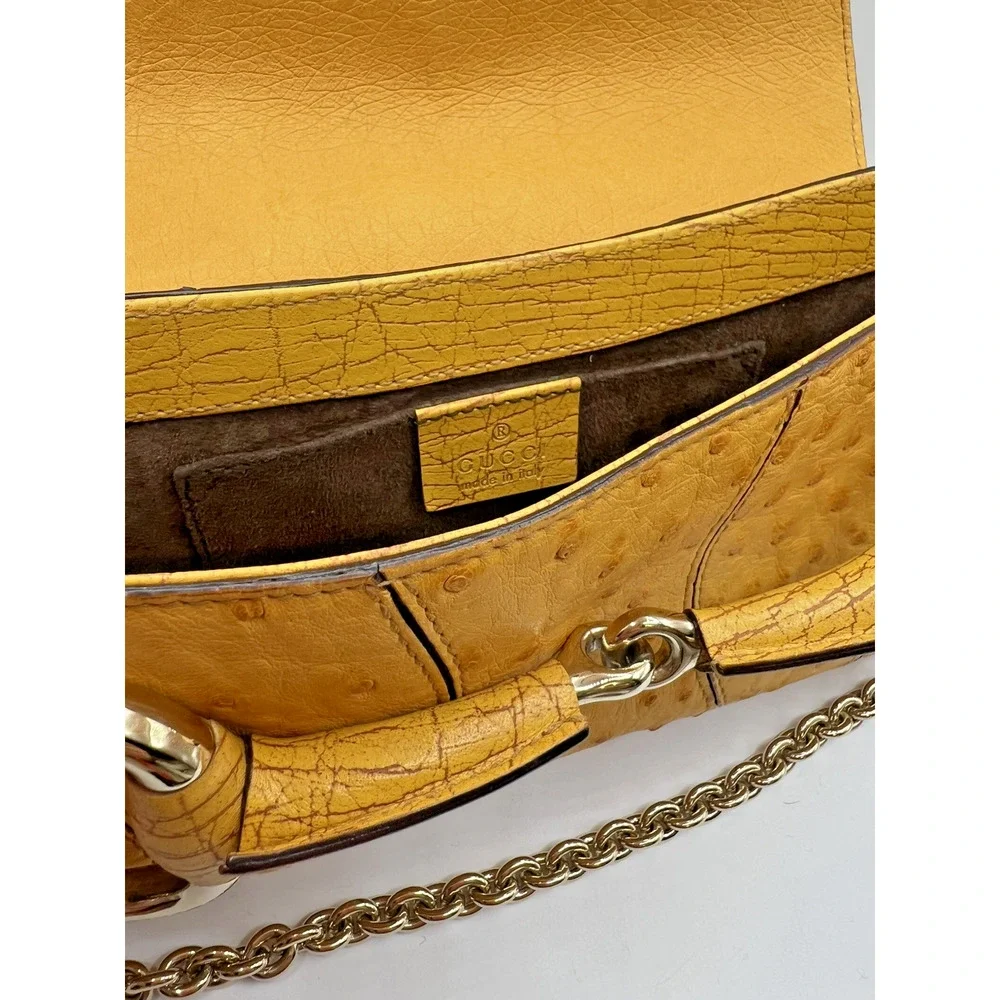 VINTAGE GUCCI Tom Ford Ostrich Leather Horsebit Flap Clutch Yellow Evening Bag - Picture 4 of 12